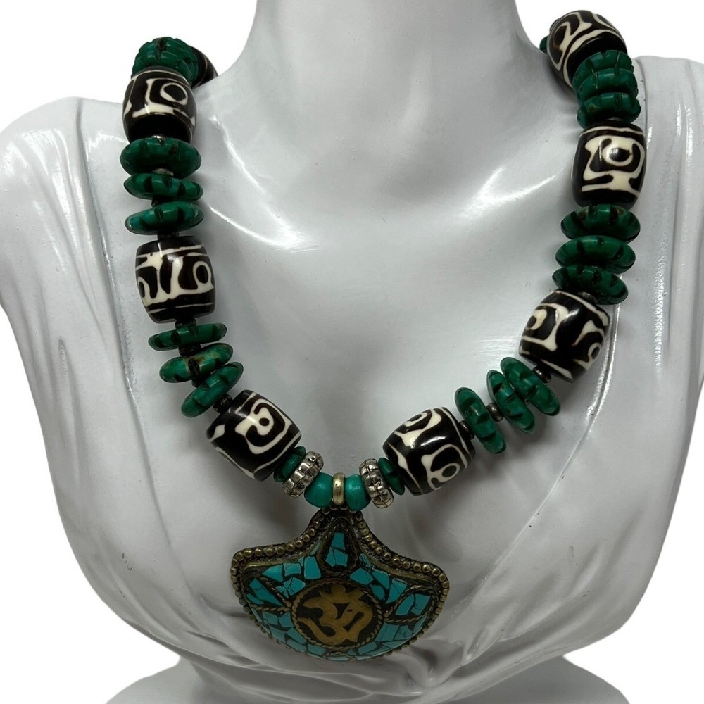 Tribal Boho Necklace‎ Green Black Silver Tone Beads Brass Tone Pendant